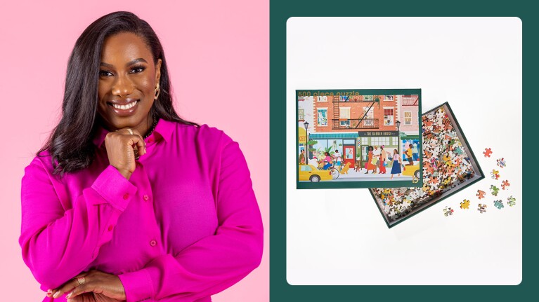 small businesses featured in Oprah’s Favorite Things 2024 holiday gift list: woman posing with a jigsaw puzzle on the right side