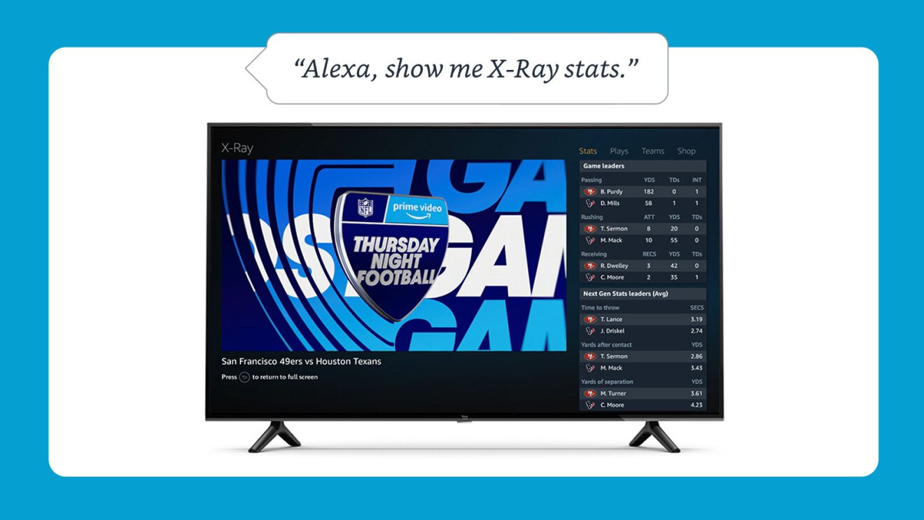 一张播放周四晚间足球比赛的电视图片,顶部有一个信息框,上面写着“Alexa,给我看x光数据”。