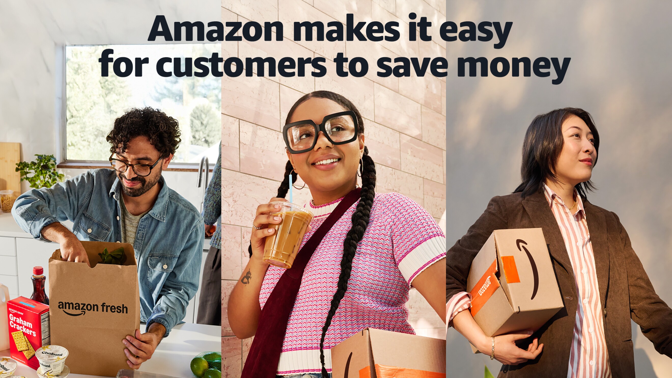 Three customers holding Amazon purchases. Overlaying copy states, "Amazon's commitment to low prices every day."