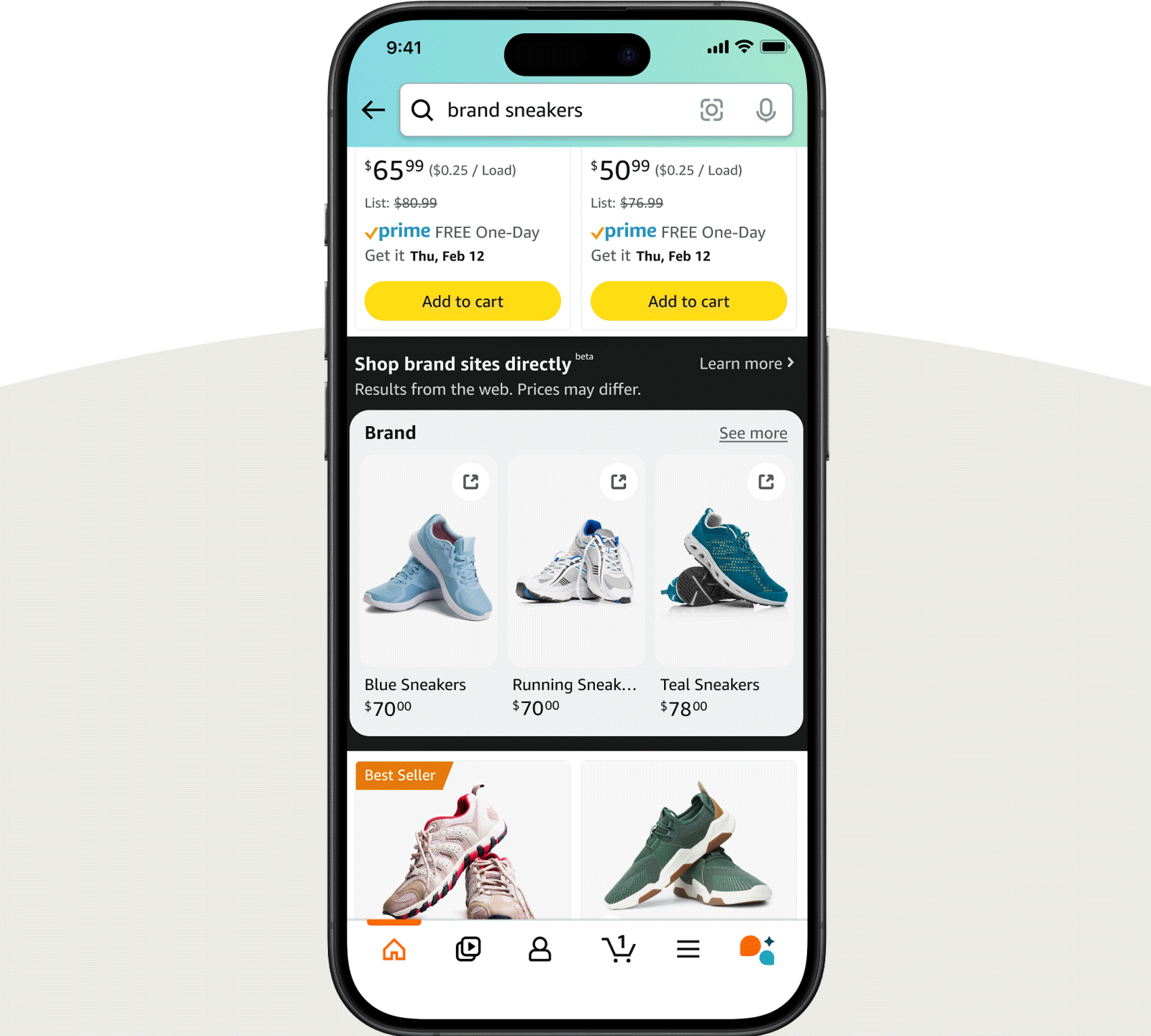 Amazon's Shopping app interface showing sneaker search with direct brand site shopping feature