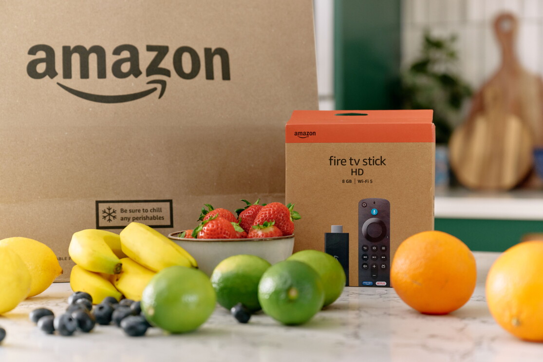Amazon groceries and fire tv stick on a counter top