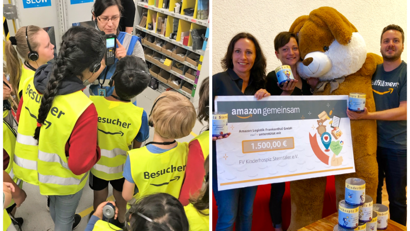 Links: Kinder in gelben Besucherwesten bei der Logistikführung. Rechts: Spendenscheck von Mitarbeiter gehalten - mit Stoffhase Hoppl.