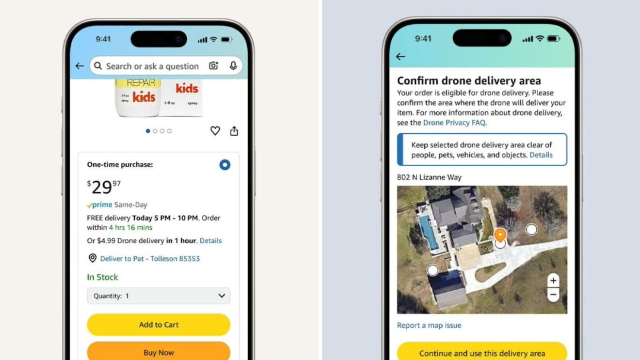 In-app experience of selecting a Prime Air drone delivery
