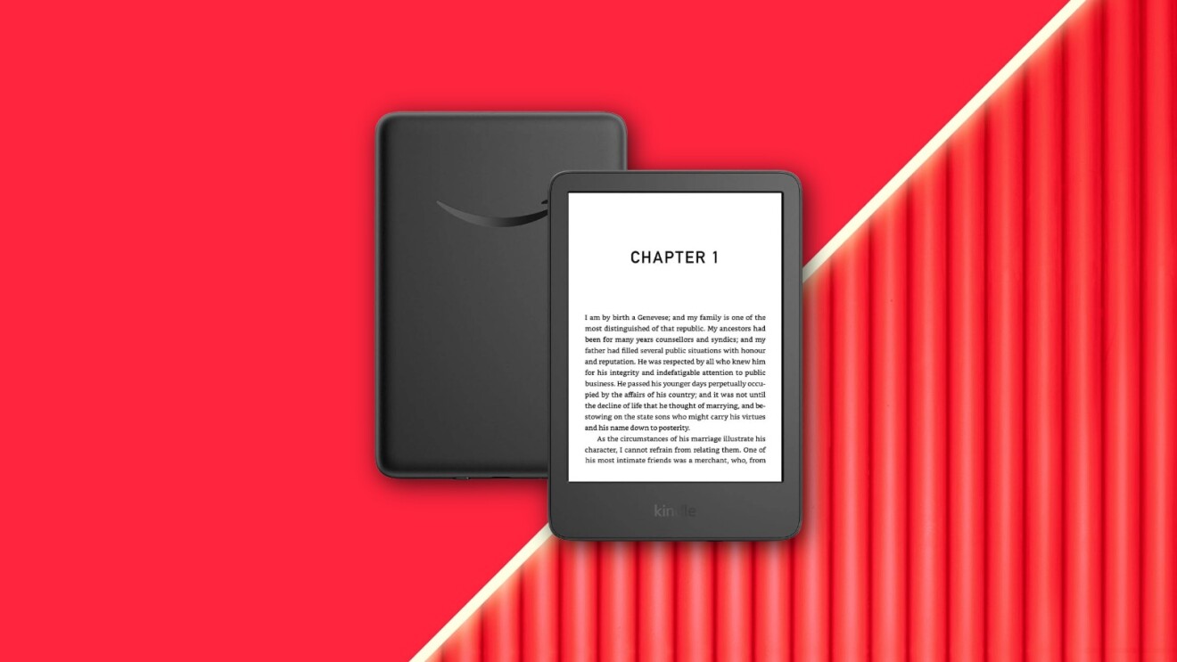 Kindle e-reader displaying Chapter 1 text on vibrant red background