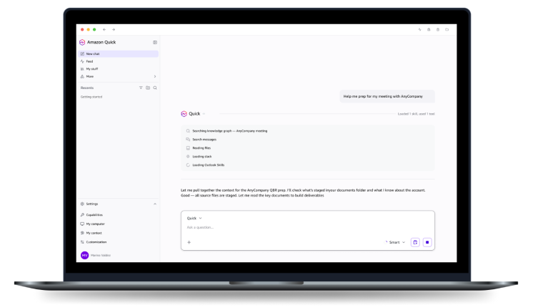 Amazon Quick interface showing a chat conversation with task list including searching knowledge graph and reading files for AnyCompany meeting preparation