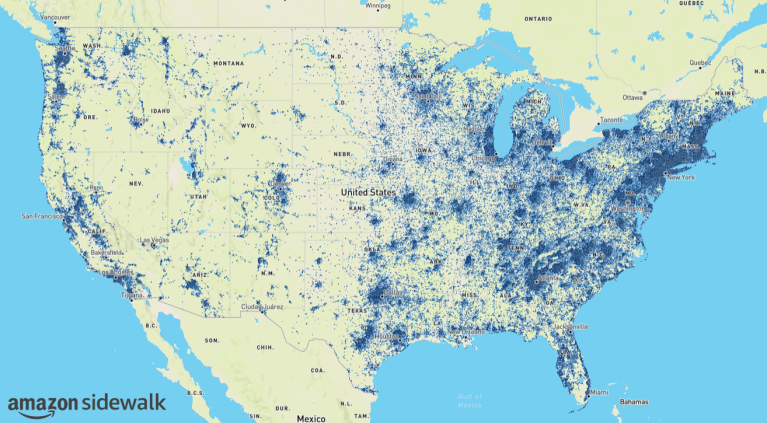 Amazon Sidewalk coverage map with a Sidewalk logo on the bottom left corner.