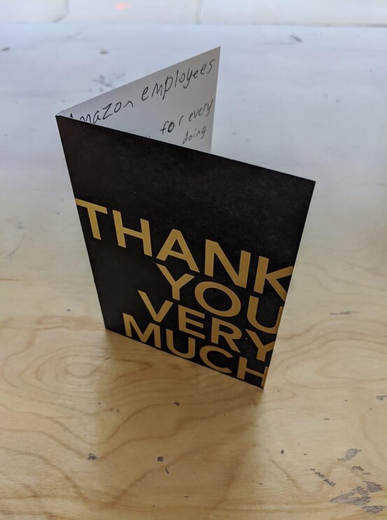 A customer note of thanks to Amazon delivery drivers