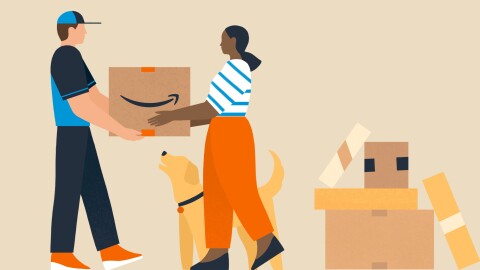 配達人の男性が女性にAmazonの箱を渡すイラスト。その女性の隣には首輪をつけた犬がいる