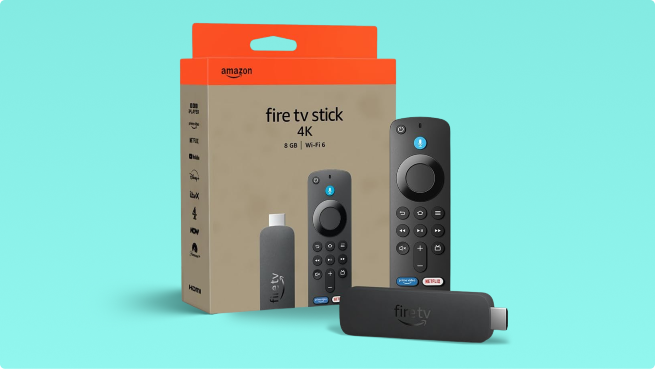 Amazon Fire TV Stick 4K with remote and packaging on turquoise background