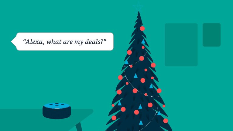 An illustration of a Christmas tree with an Alexa device nearby, and a word bubble that says, "Alexa, what are my deals?"