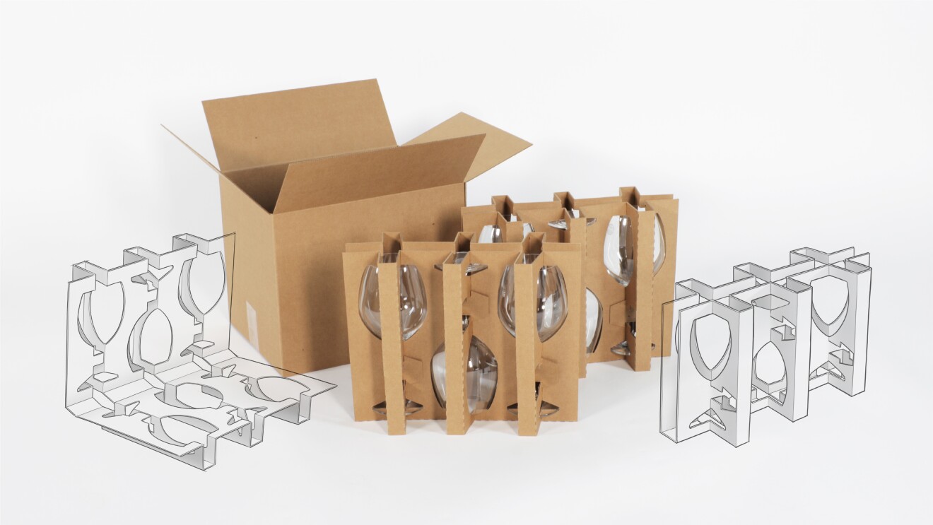 Image of 3 packaging components of the stemware packaging after the redesign laid out with a hand drawn illustration of the stemware inserts overlaid on the image. This includes 2 cardboard inserts and a cardboard box.