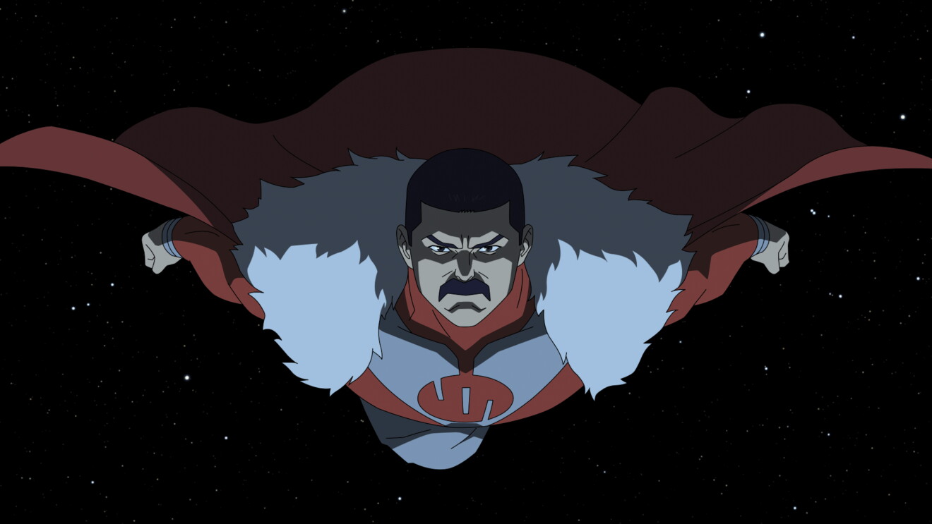 Invincible from Prime Video: Animated superhero flying through space with stern expression