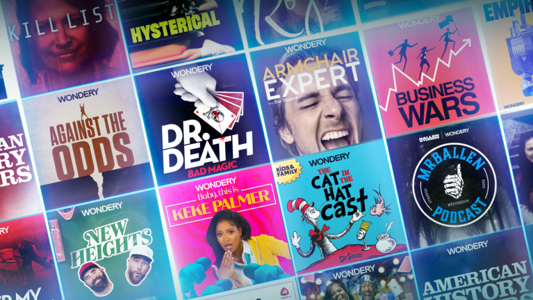 Collage of podcasts available on the Wondery app, including New Heights, Armchair Expert, Dr. Death, and more.