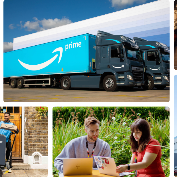 Photo collage of Amazon workers, warehouses, and delivery vehicles