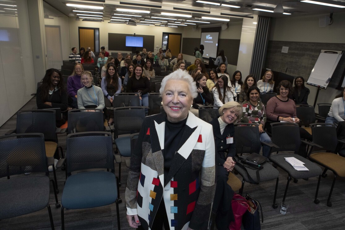 Dame Stephanie Shirley poses with the audience after speaking at Amazon