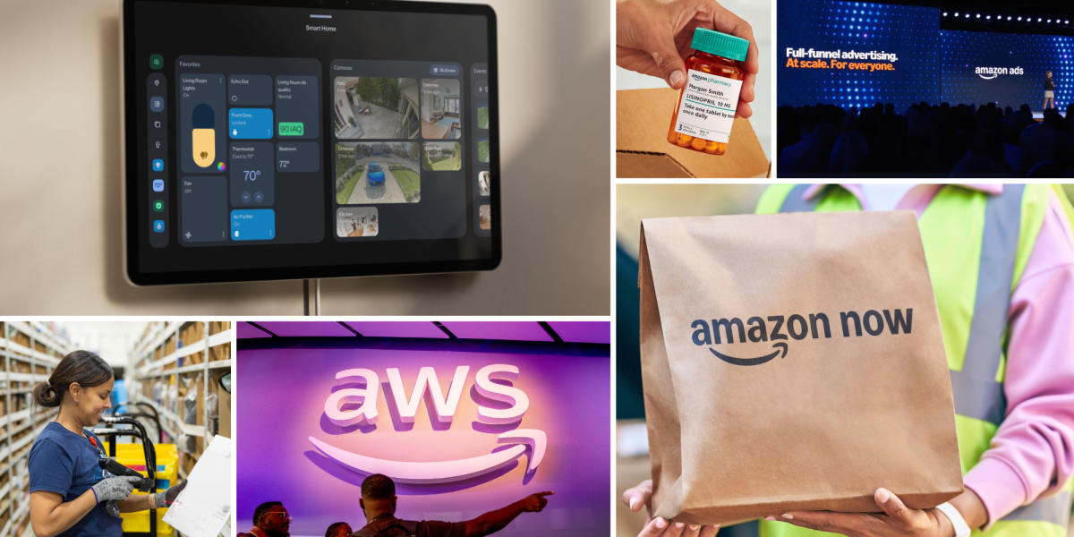 A collage of Amazon photos: a smart display, a pharmacy bottle, an Amazon Ads stage, an AWS sign, a warehouse worker and an Amazon Now bag