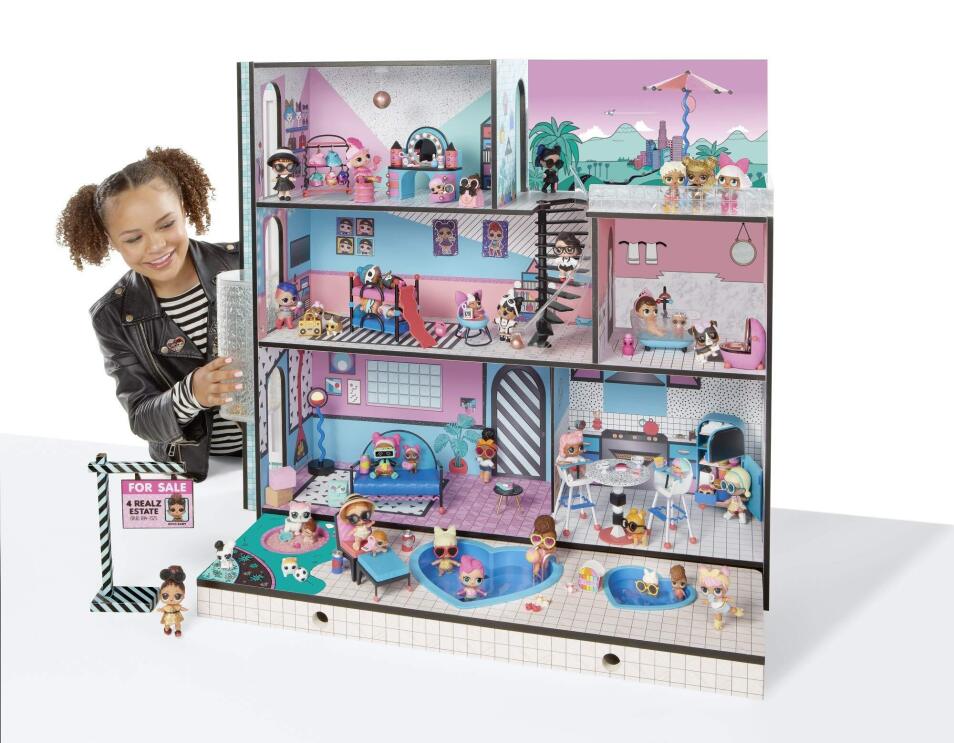 Wooden, multi-story house (three feet tall & three feet wide) with interactive features including working elevator, lights and sounds across the three floors; real pool, spa and sandbox, includes L.O.L Surprise! exclusive Family (Doll, Lil Sister, Pet).