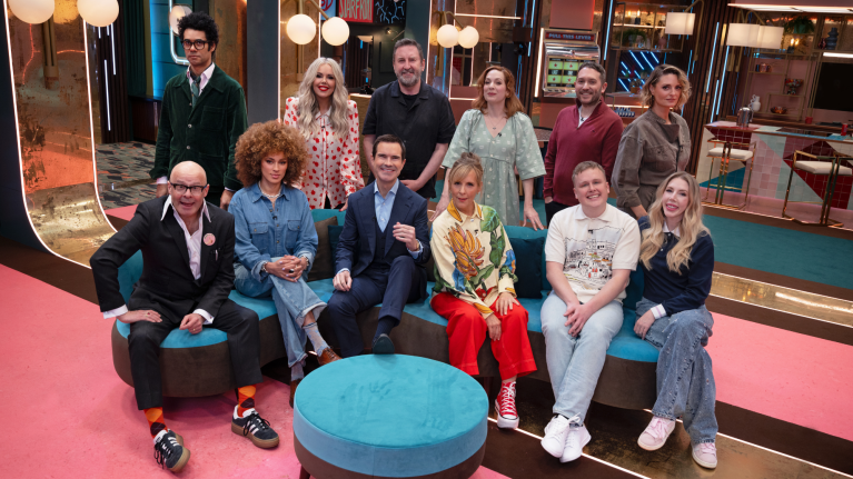 Lee Mack, Katherine Ryan, Harry Hill, Katherine Parkinson, Michelle de Swarte, Jon Richardson, Morgana Robinson, Josh Jones, Richard Ayoade, Mel Giedroyc, and Jimmy Carr sit on the Last one Laughing season 3 set.