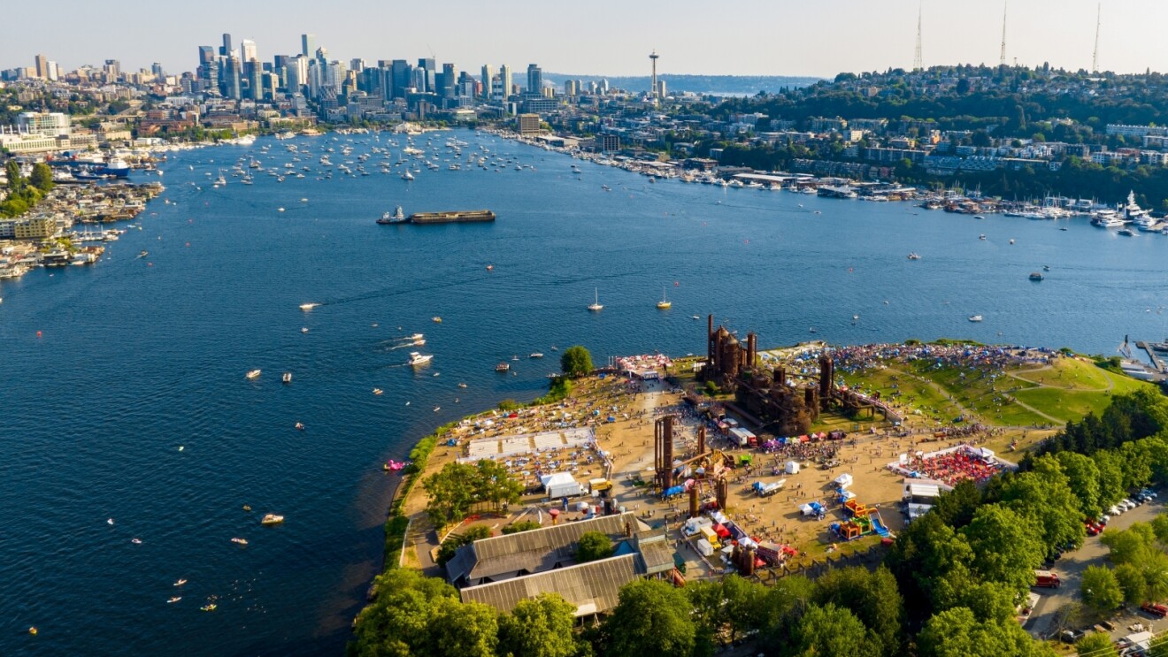 A drone image of Gas Works Park in Seattle, Washington