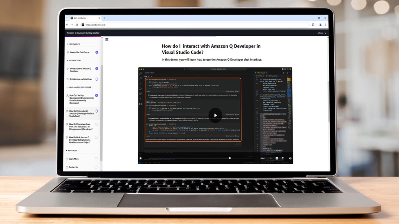 A photo of Amazon Q Developer Getting Started on a laptop computer.