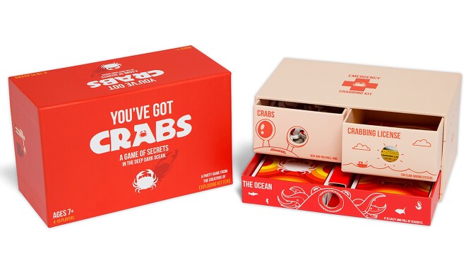 家庭聚会游戏叫你有螃蟹,包括78张卡片,指示,泡沫旋转指示器,28日蟹点和一盒3抽屉隔间