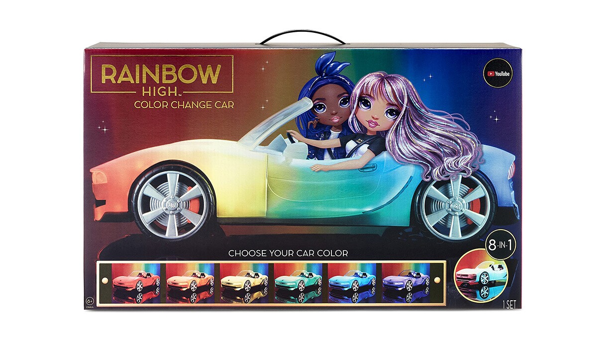 An image of the box for the Rainbow High Color Change Car toy. It shows two cartoon women driving the car.
