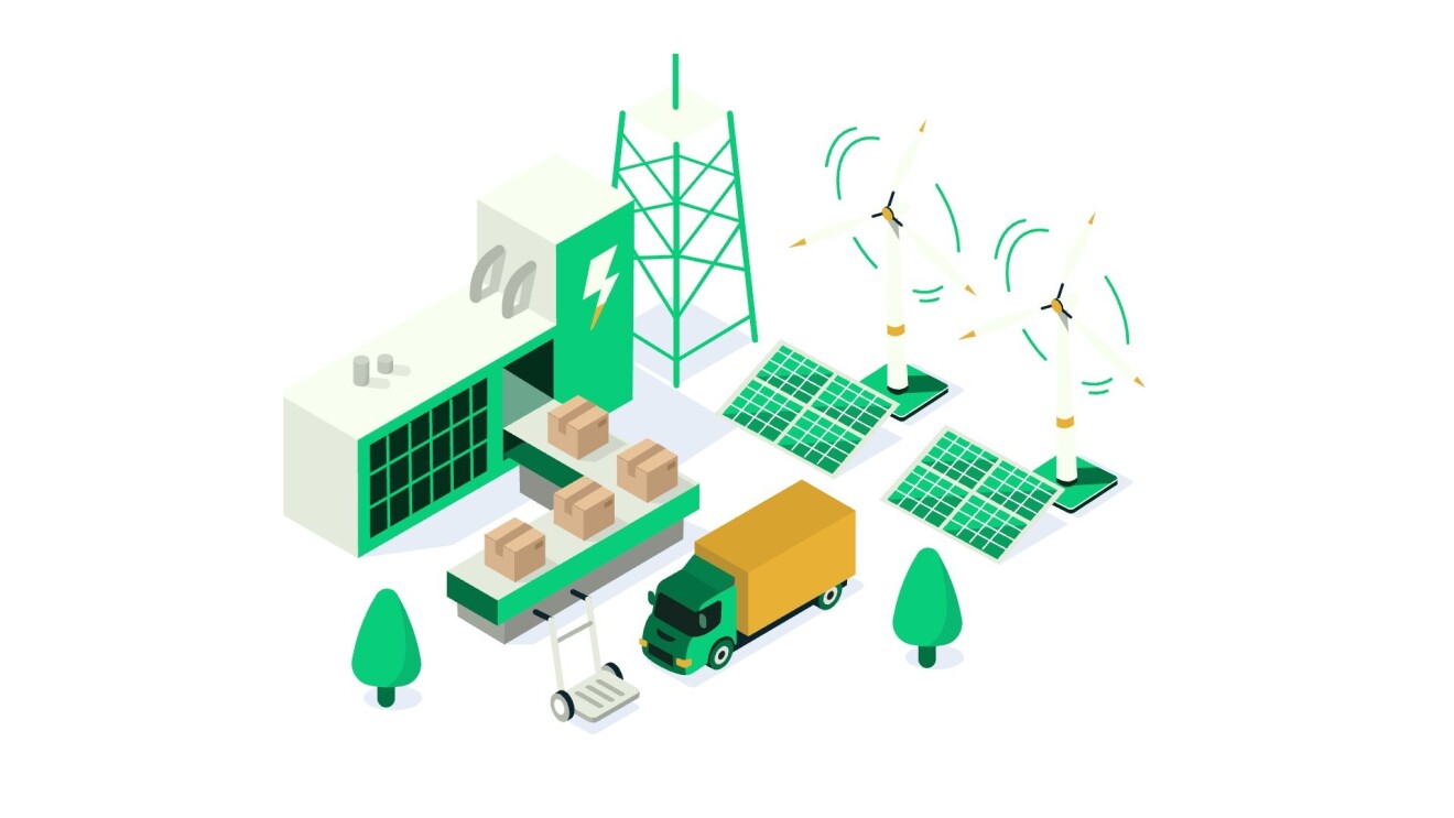 A green, white, and gold graphic illustrates a truck picking up boxes from a distribution center with solar panels and wind energy mills outside.