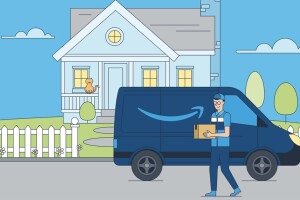 A graphic of an Amazon delivery vehicle with an Amazon employee delivering a package to a home with a cat on the porch.