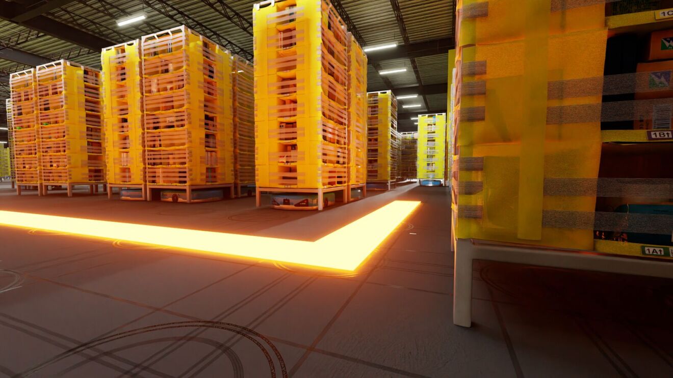 Glowing floor light from an Amazon robot guides paths between towering yellow storage units