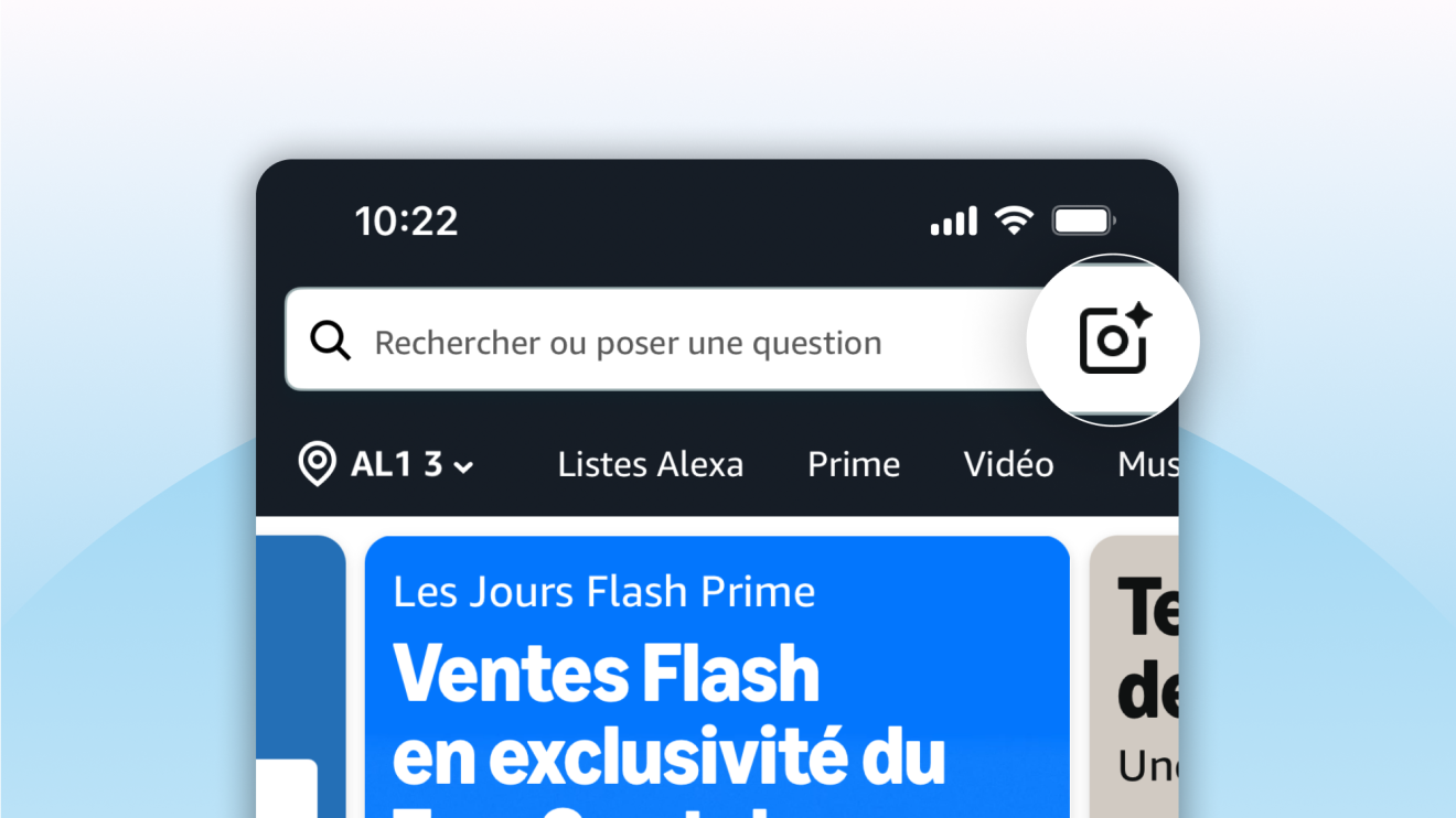 Page d'accueil de l'application Amazon avec barre de recherche et bannière de vente flash