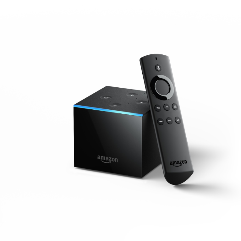 A black Amazon Fire TV Cube and Alexa voice-enabled remote control on a white background.