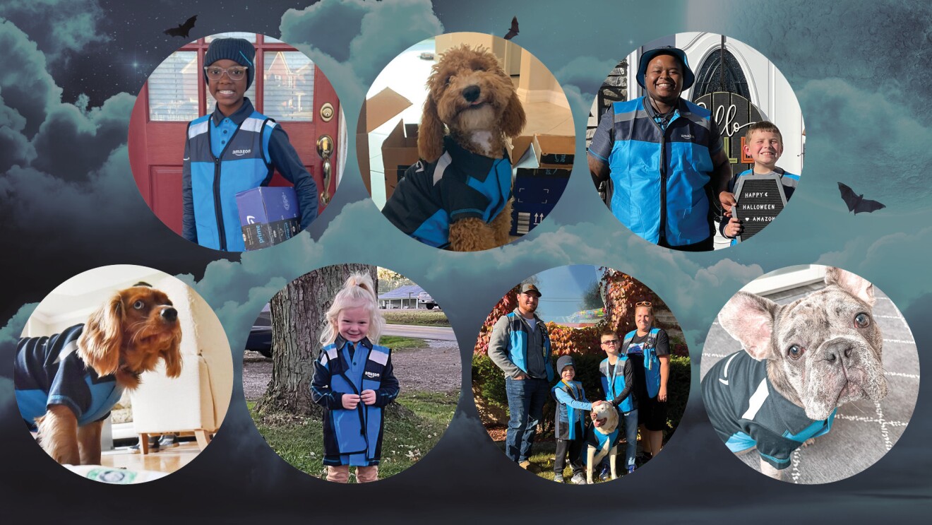 七个圈里分别有狗狗和孩子装扮成亚马逊送货司机的照片。