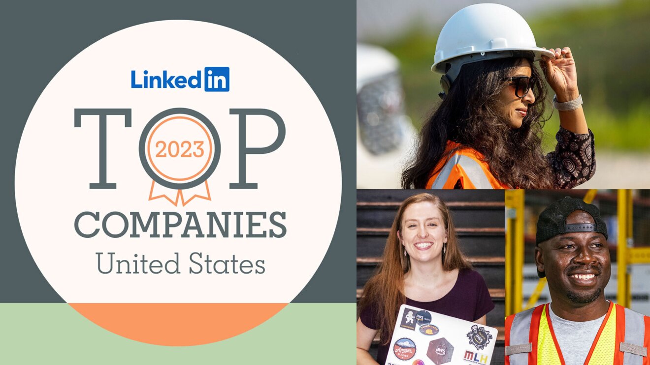 A collage of Amazon employees next to a graphic of the LinkedIn Top Companies in the United States badge.