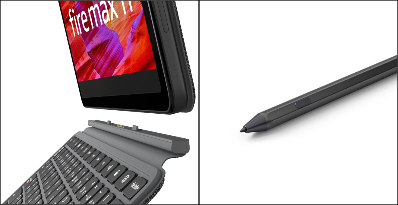 Fire max11とキーボードの接続部分と鉛筆のような形をしたスタイラスペン