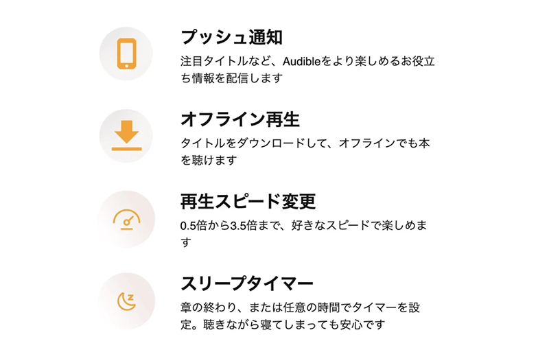 Audibleの操作方法。プッシュ通知、オフライン再生、再生スピード変更、スリープタイマーのアイコンと説明文の一覧
