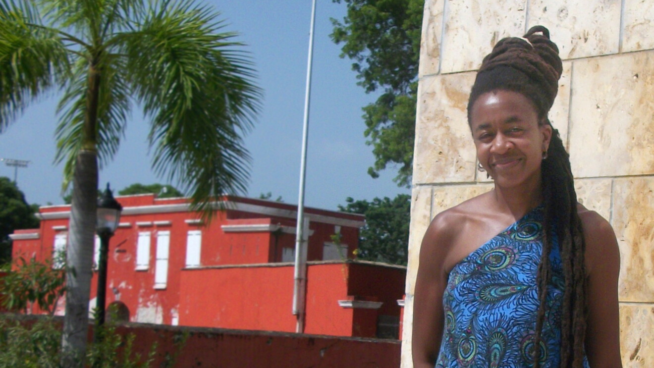 A woman in a blue wrap dress against a stone backdrop. The houses in the background are red.