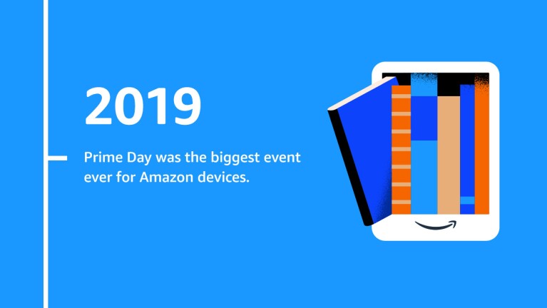 An illustrated image with text that reads "2019 Prime Day was the biggest event ever for Amazon devices." next to the text is an illustration of a Kindle device with a book popping out of the screen.