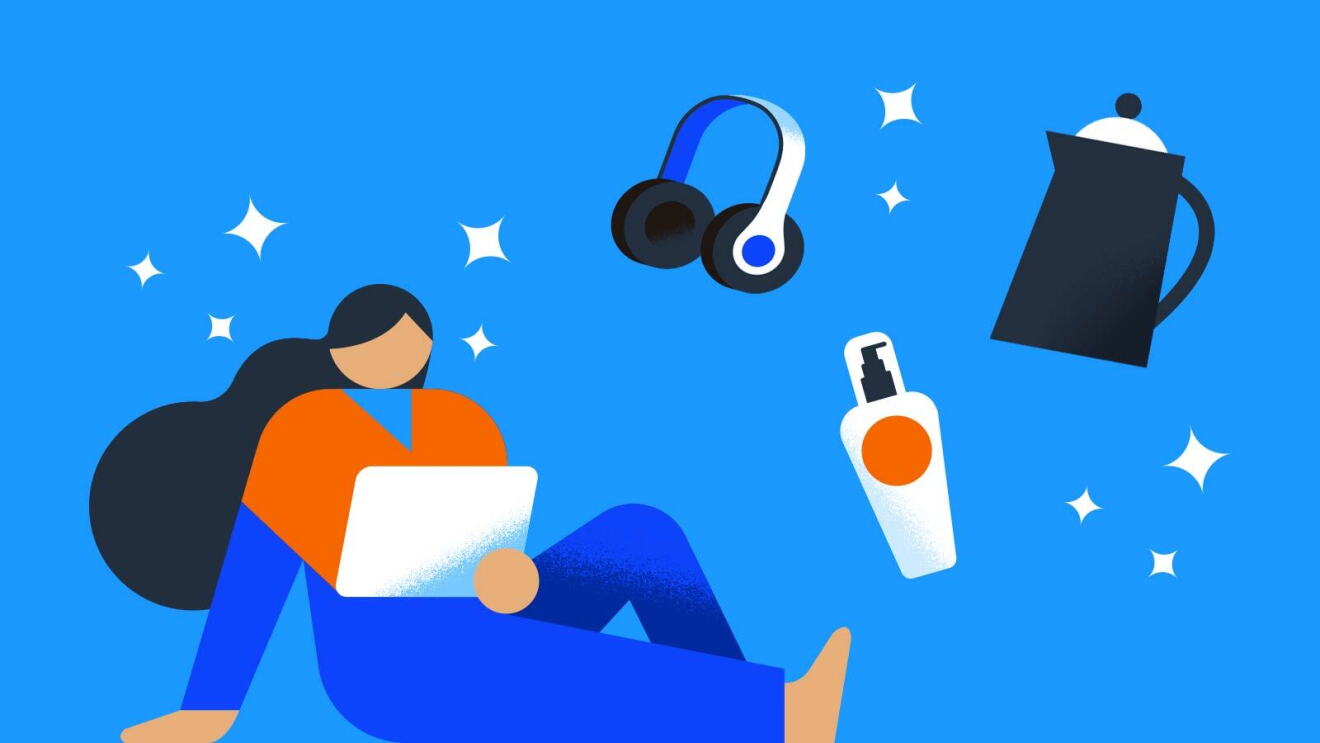 Stylised illustration of a woman looking at her laptop with potential buys floating above