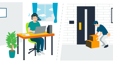 自宅で仕事をしている男性と玄関の前で配達品を置く男性