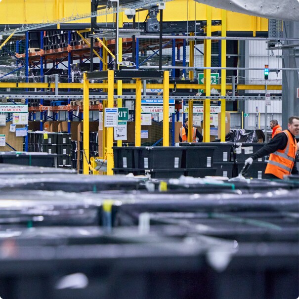 Amazon fulfilment centre interior, with employees in high-vis jackets and machinery