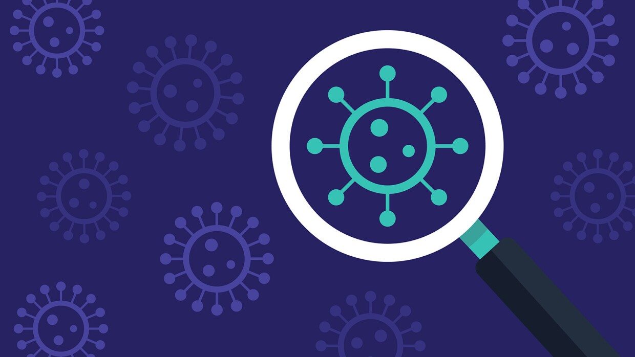 An illustrated image showing an abstract version of a microscope inspecting viral organisms