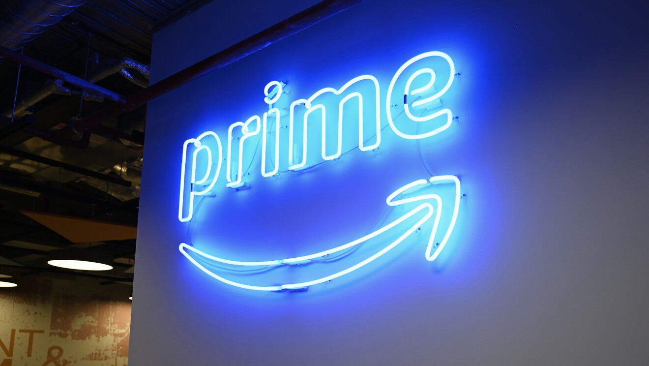 A Prime Video logo attached to the wall inside the Amazon London office, LHR16