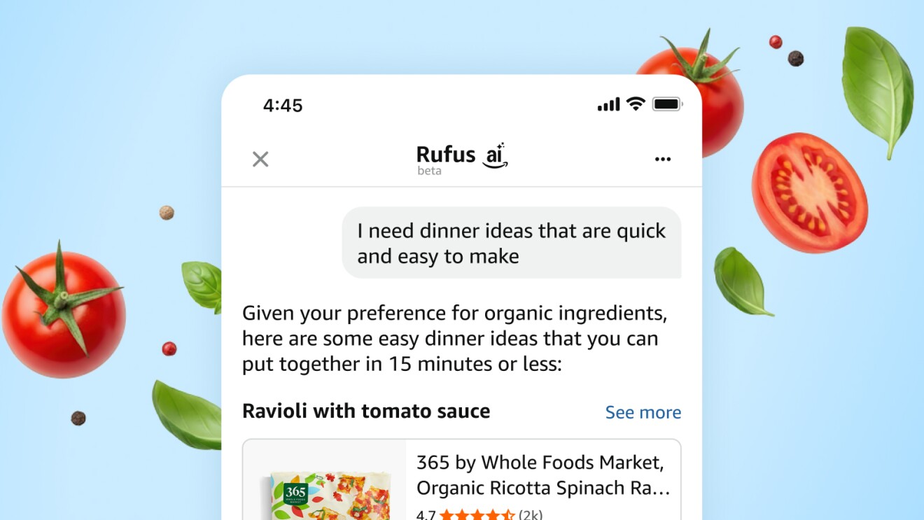 Rufus AI chat interface recommending easy meals under 15 minutes