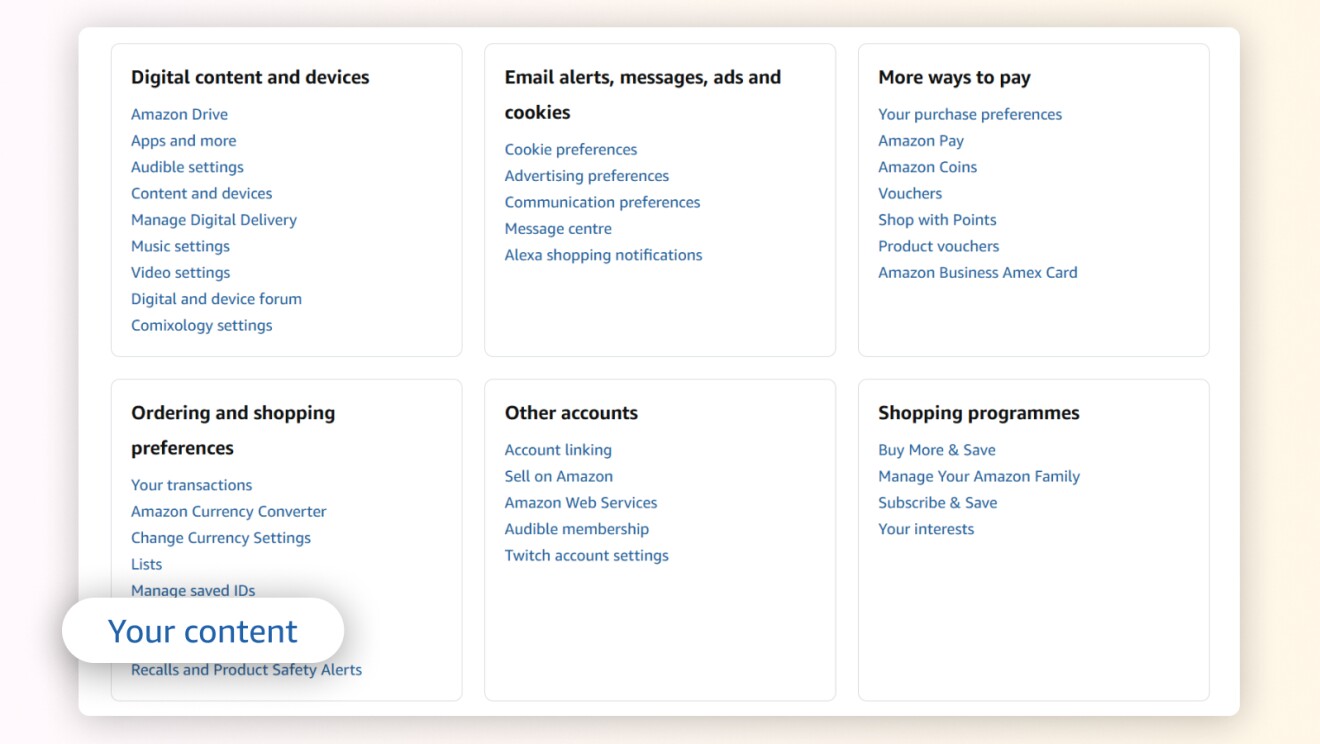 Amazon account settings menu with categories for digital content, email preferences, payment options, and more

