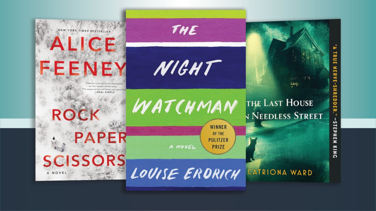 collage of three book covers: alice feeney's rock paper scissors, louise erdrich's the night watchman, and catriona ward's the last house on needless street, which are all books available as part of amazon's kindle unlimited reading subscription 