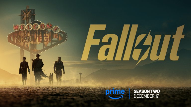 Promo poster for Fallout season 2 on Prime Video, showing individuals walking in desolate landscape