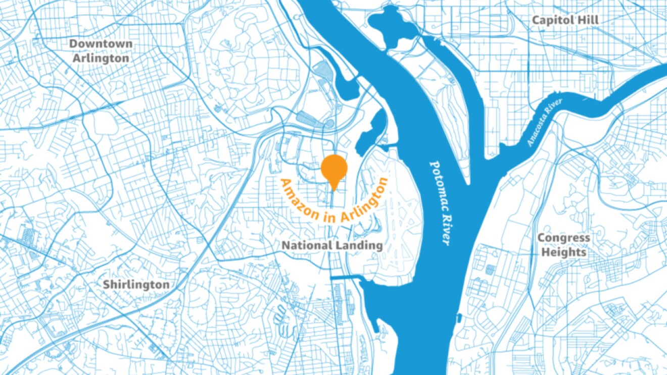 Map of the Arlington area with a pin placed to illustrate the location of a new Amazon headquarters.