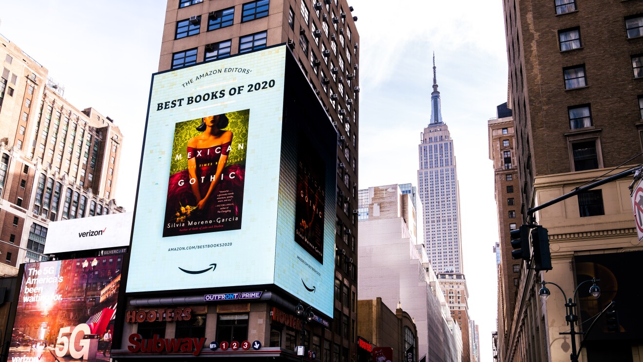 New York Square takeover of book title included Amazon's Best Books of the Year 2020 list.