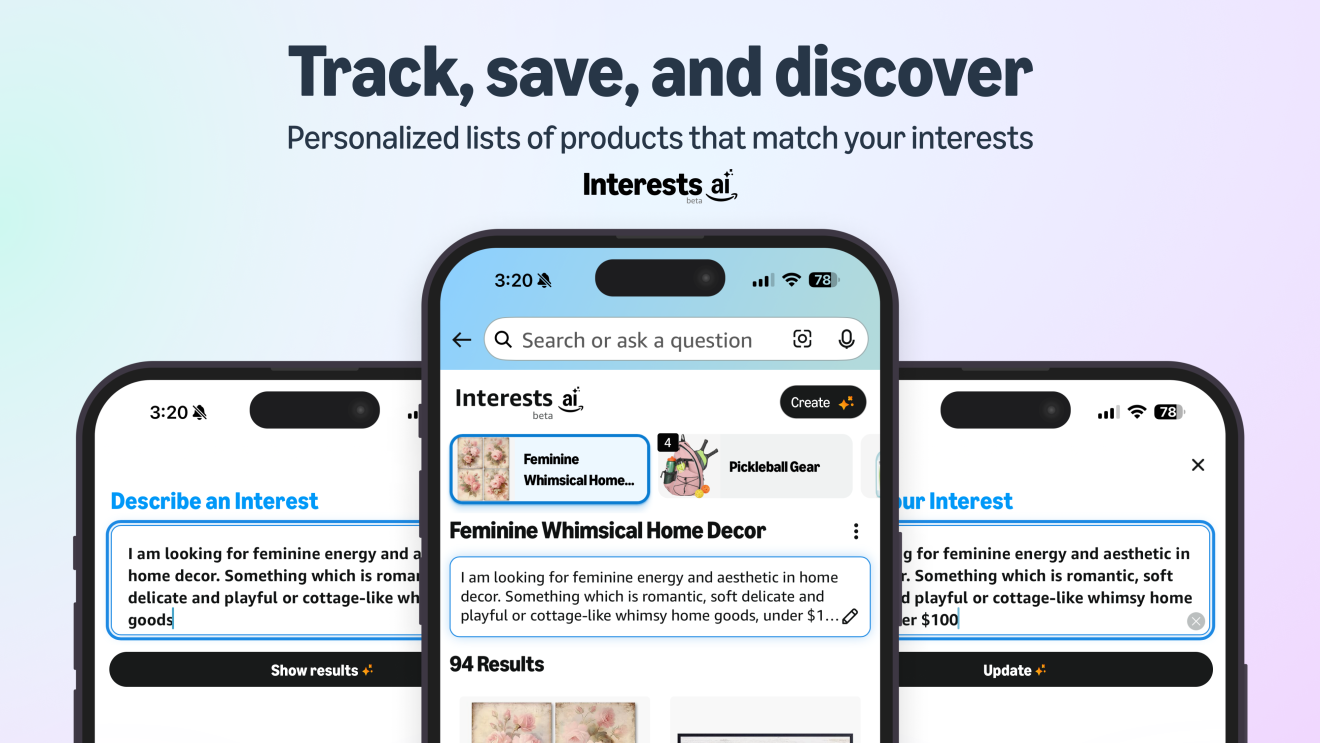 Amazon's Interests AI feature showcasing personalized product lists
