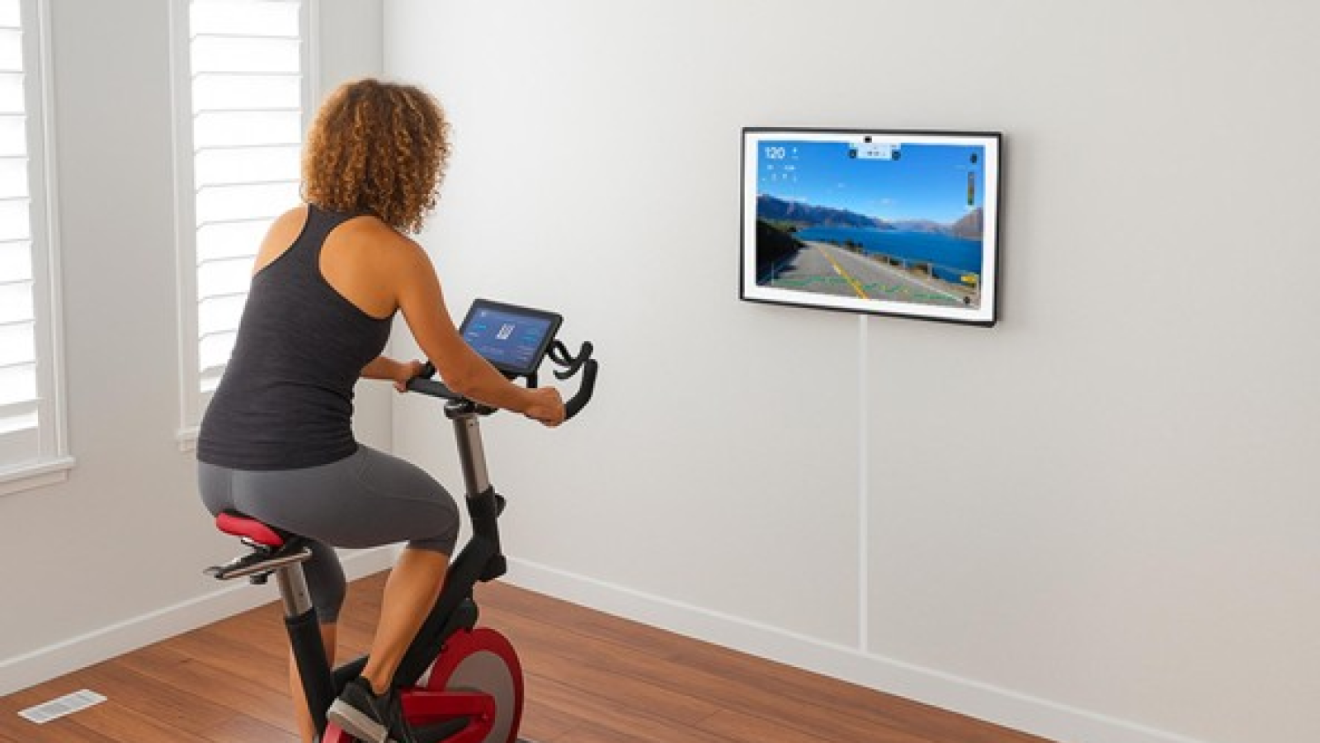 Cyclisme en intérieur avec itinéraire virtuel interactif affiché sur écran mural